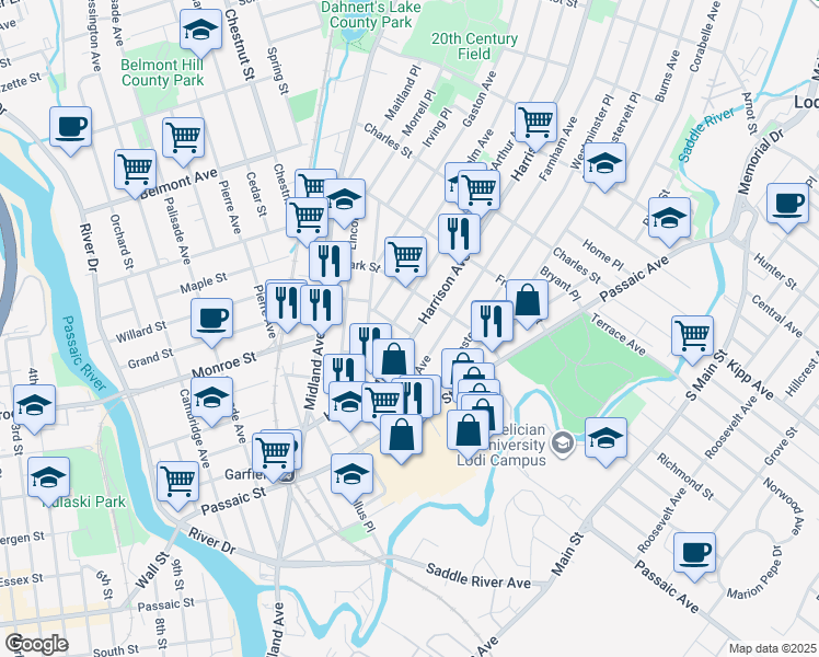 map of restaurants, bars, coffee shops, grocery stores, and more near 88 Macarthur Avenue in Garfield