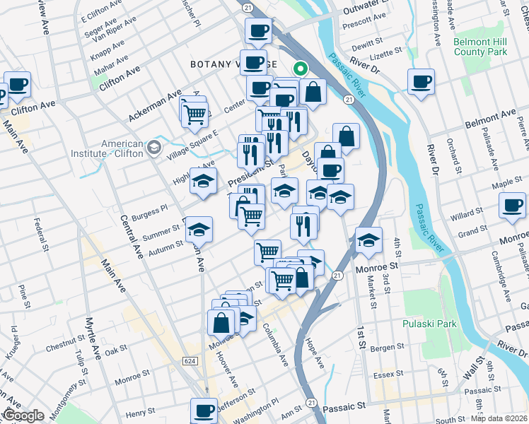 map of restaurants, bars, coffee shops, grocery stores, and more near 189 Harrison Street in Passaic