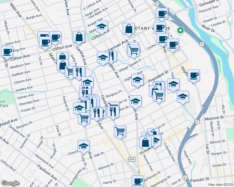 map of restaurants, bars, coffee shops, grocery stores, and more near 28 Summer Street in Passaic