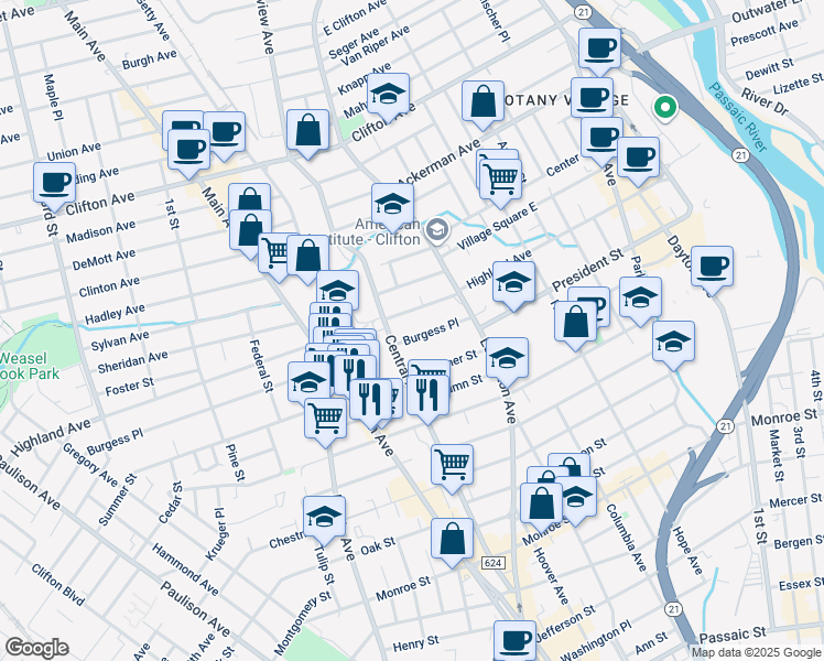 map of restaurants, bars, coffee shops, grocery stores, and more near 57 Burgess Place in Passaic