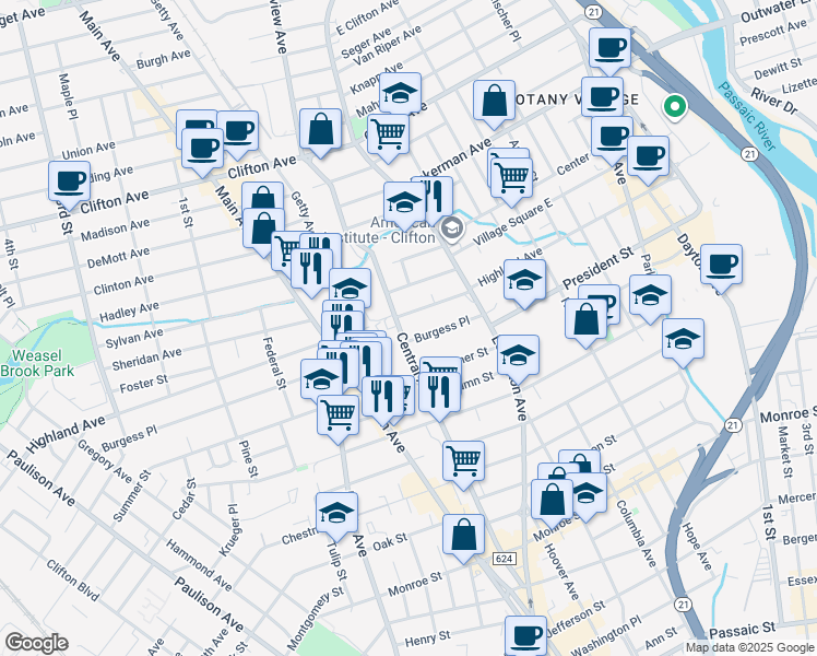 map of restaurants, bars, coffee shops, grocery stores, and more near 57 Burgess Place in Passaic
