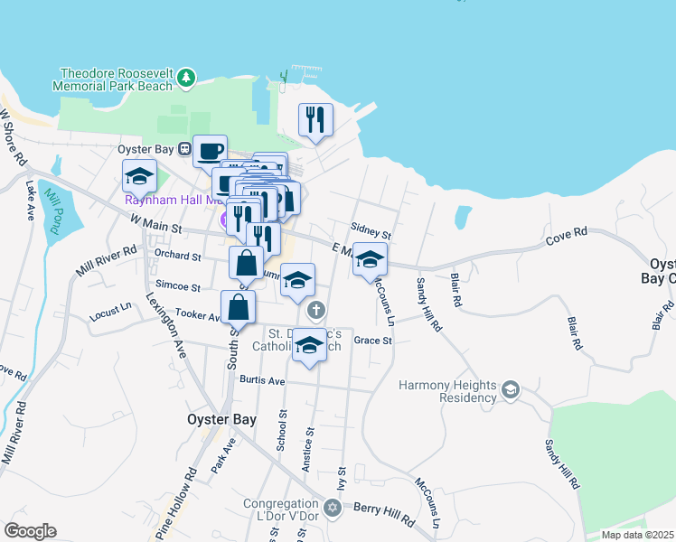 map of restaurants, bars, coffee shops, grocery stores, and more near 37 Anstice Street in Oyster Bay