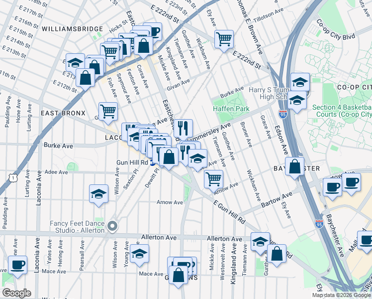 map of restaurants, bars, coffee shops, grocery stores, and more near 3048 Eastchester Road in Bronx