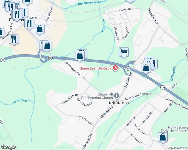 map of restaurants, bars, coffee shops, grocery stores, and more near 82 Mount Pleasant Turnpike in Denville