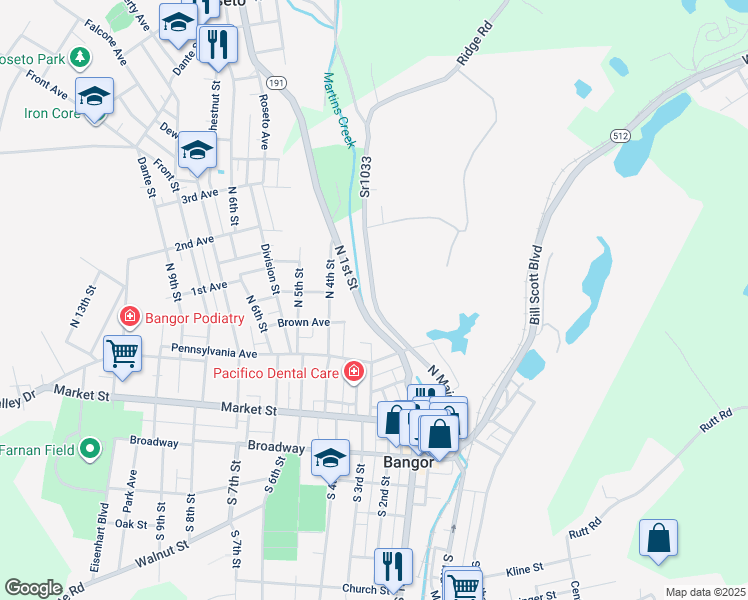 map of restaurants, bars, coffee shops, grocery stores, and more near 278 North Main Street in Bangor