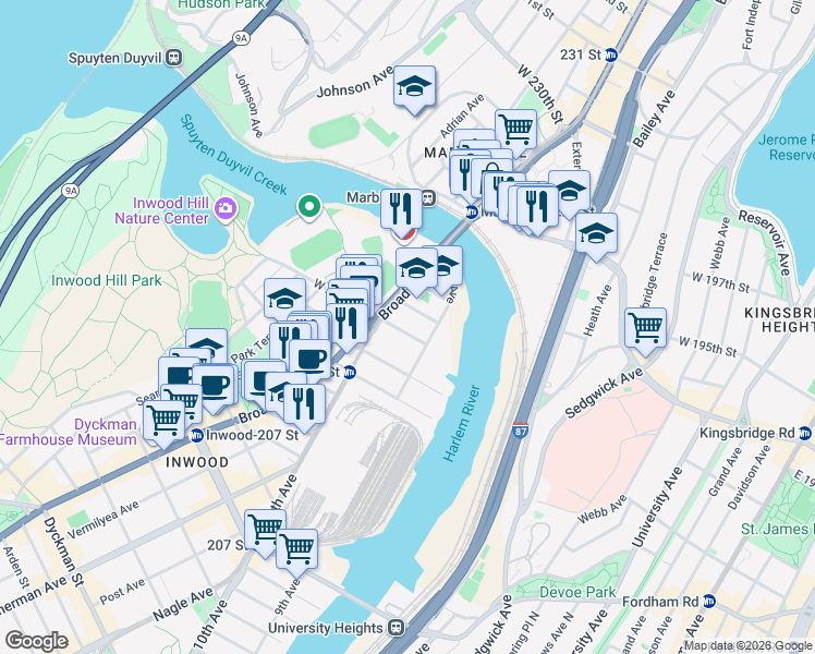 map of restaurants, bars, coffee shops, grocery stores, and more near 4060 9th Avenue in New York