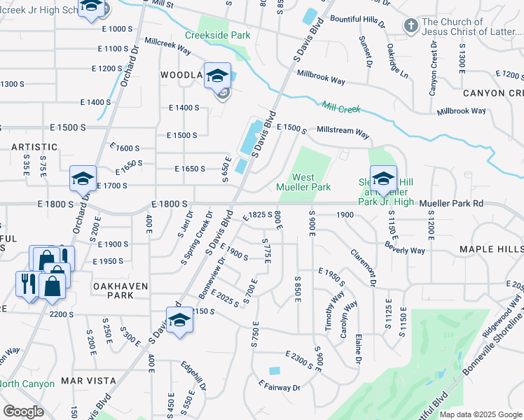 map of restaurants, bars, coffee shops, grocery stores, and more near 771 East 1825 South in Bountiful
