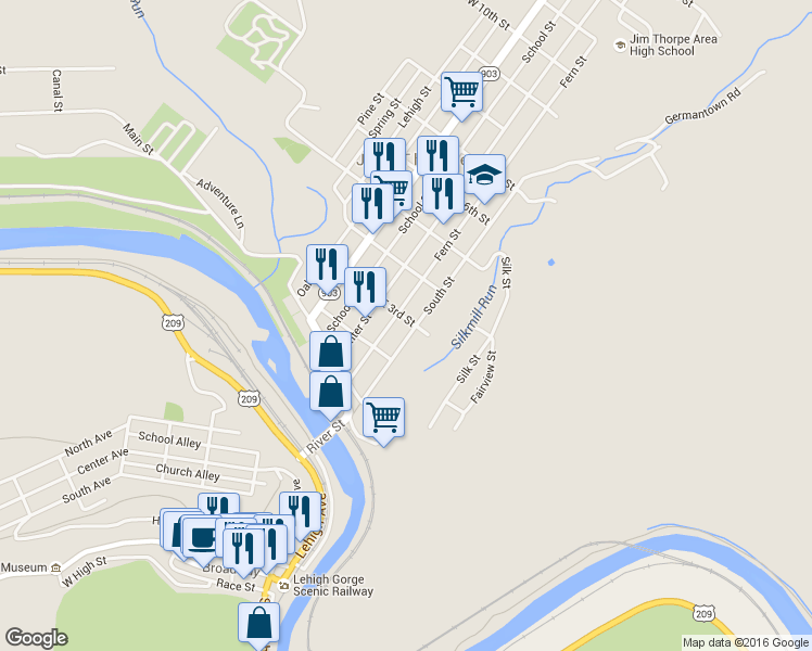 map of restaurants, bars, coffee shops, grocery stores, and more near 229 South St in Jim Thorpe