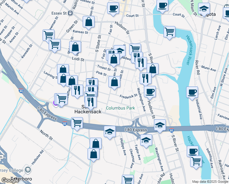 map of restaurants, bars, coffee shops, grocery stores, and more near 210 South Main Street in Hackensack