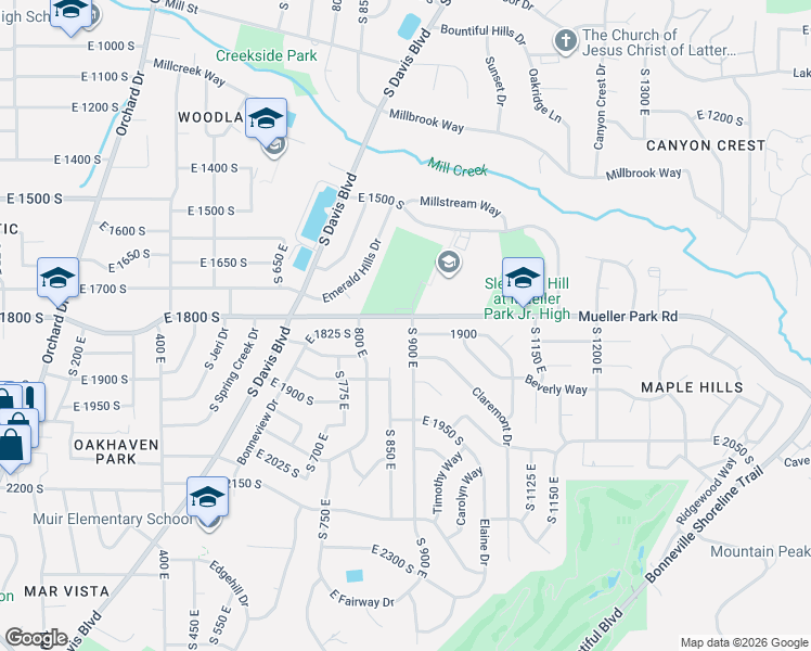 map of restaurants, bars, coffee shops, grocery stores, and more near 1812 South 900 East in Bountiful
