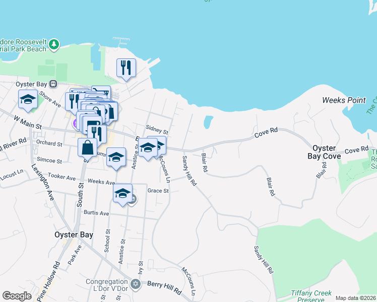 map of restaurants, bars, coffee shops, grocery stores, and more near East Main Street in Oyster Bay