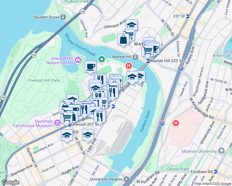 map of restaurants, bars, coffee shops, grocery stores, and more near 5065 Broadway in New York