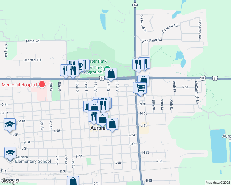 map of restaurants, bars, coffee shops, grocery stores, and more near 1300-1312 O Street in Aurora