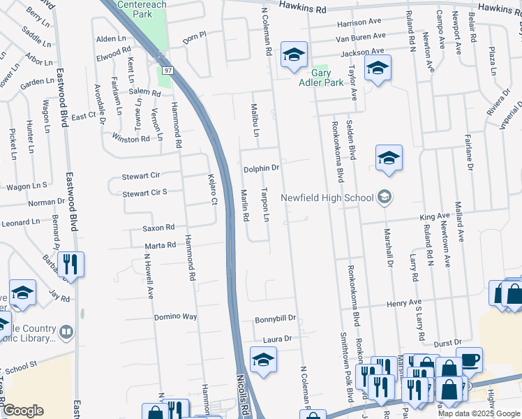map of restaurants, bars, coffee shops, grocery stores, and more near 14 Tarpon Lane in Centereach