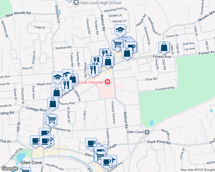 map of restaurants, bars, coffee shops, grocery stores, and more near 101 Saint Andrews Lane in Glen Cove