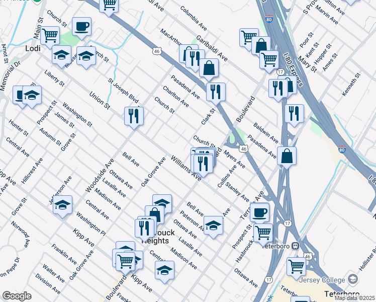 map of restaurants, bars, coffee shops, grocery stores, and more near 25 Hoehn Street in Lodi