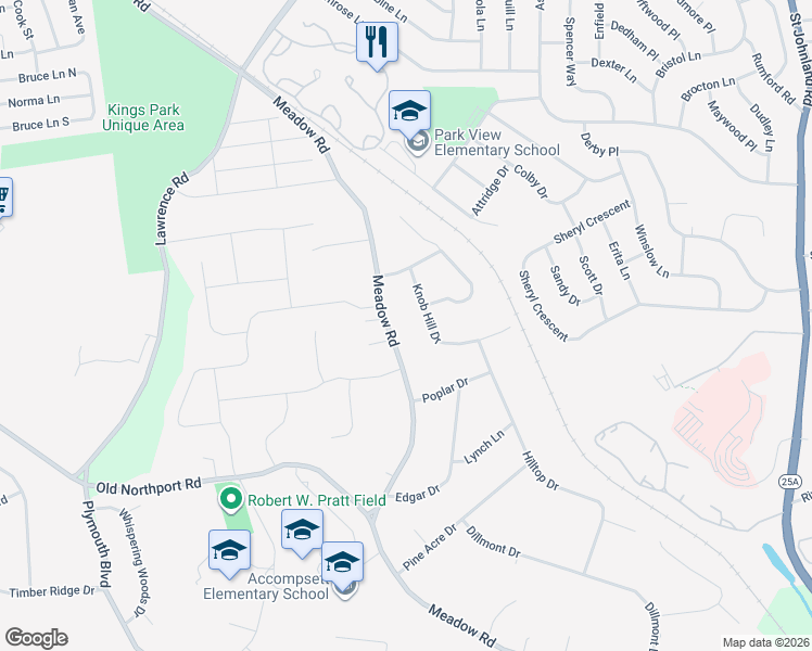 map of restaurants, bars, coffee shops, grocery stores, and more near 489 Meadow Road in Kings Park