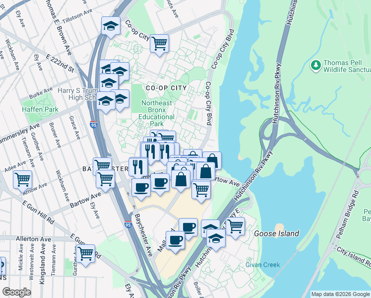 map of restaurants, bars, coffee shops, grocery stores, and more near 2089 Bartow Avenue in Bronx