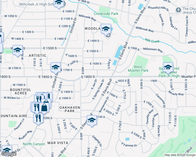 map of restaurants, bars, coffee shops, grocery stores, and more near 530 East 1800 South in Bountiful