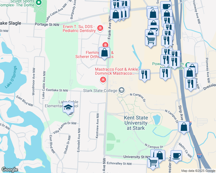 map of restaurants, bars, coffee shops, grocery stores, and more near 6200 Frank Avenue Northwest in North Canton