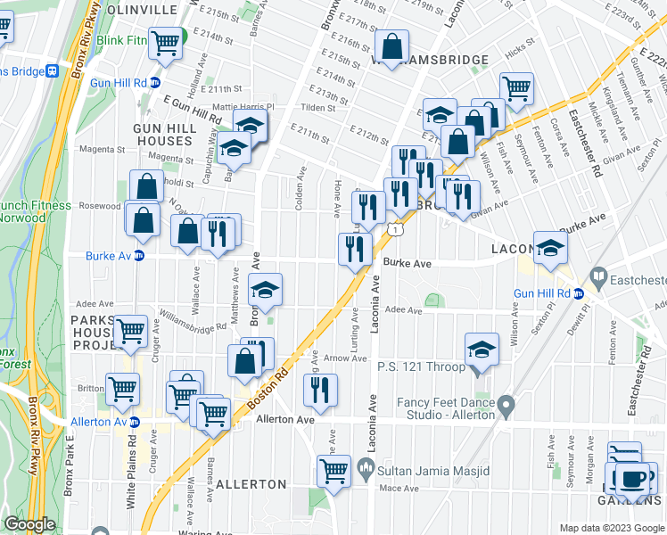 map of restaurants, bars, coffee shops, grocery stores, and more near 3059 Boston Road in Bronx