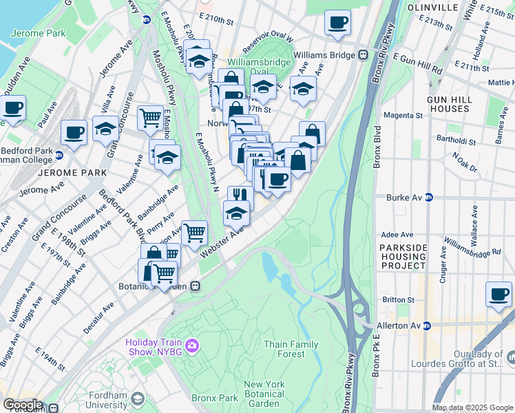 map of restaurants, bars, coffee shops, grocery stores, and more near 3077 Webster Avenue in Bronx