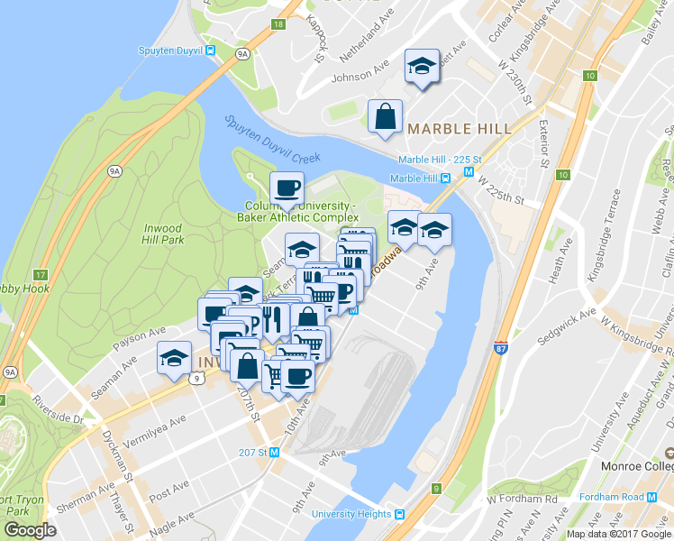 map of restaurants, bars, coffee shops, grocery stores, and more near 5065 Broadway in New York