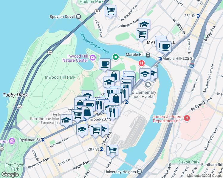 map of restaurants, bars, coffee shops, grocery stores, and more near 55 Park Terrace East in New York