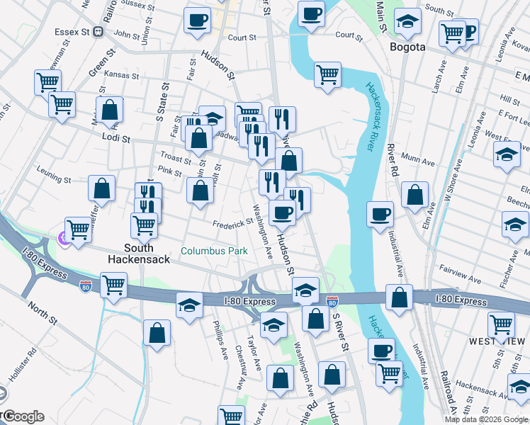 map of restaurants, bars, coffee shops, grocery stores, and more near 260 Washington Avenue in Hackensack