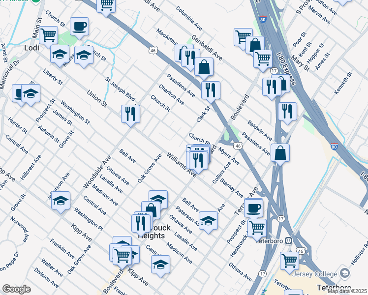map of restaurants, bars, coffee shops, grocery stores, and more near 25 Hoehn Street in Lodi