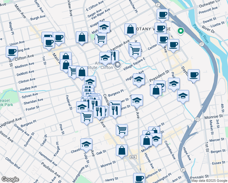 map of restaurants, bars, coffee shops, grocery stores, and more near 57 Burgess Place in Passaic
