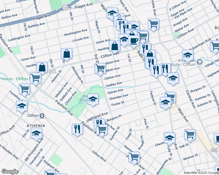 map of restaurants, bars, coffee shops, grocery stores, and more near 158 Sylvan Avenue in Clifton