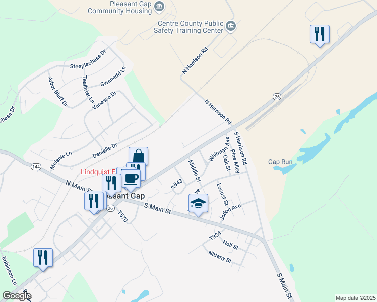 map of restaurants, bars, coffee shops, grocery stores, and more near 111 Middle Street in Pleasant Gap