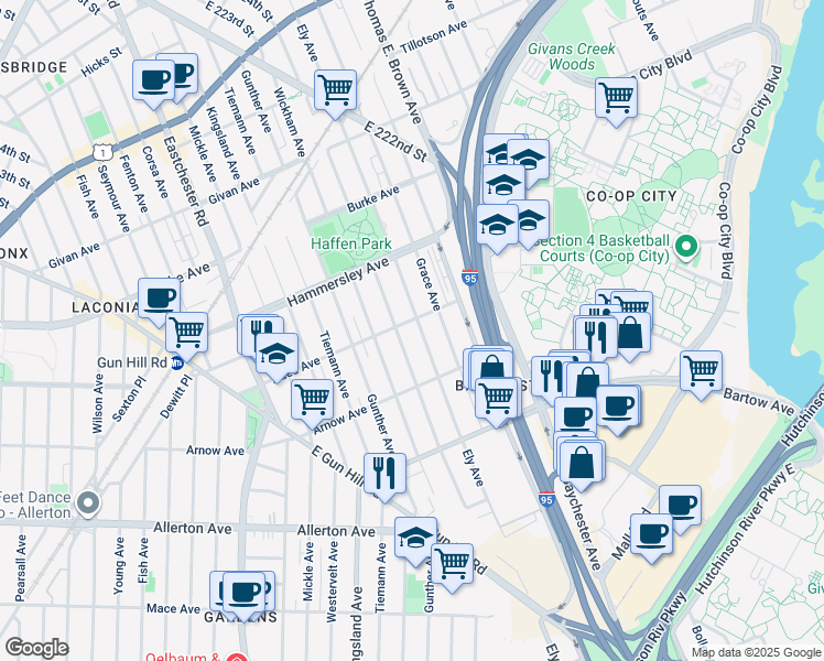 map of restaurants, bars, coffee shops, grocery stores, and more near 2916 Ely Avenue in The Bronx