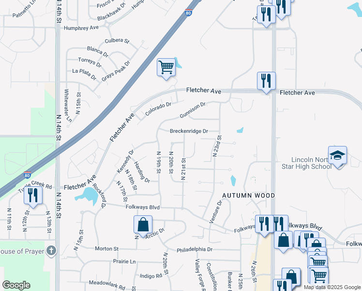 map of restaurants, bars, coffee shops, grocery stores, and more near 5865 North 21st Street in Lincoln