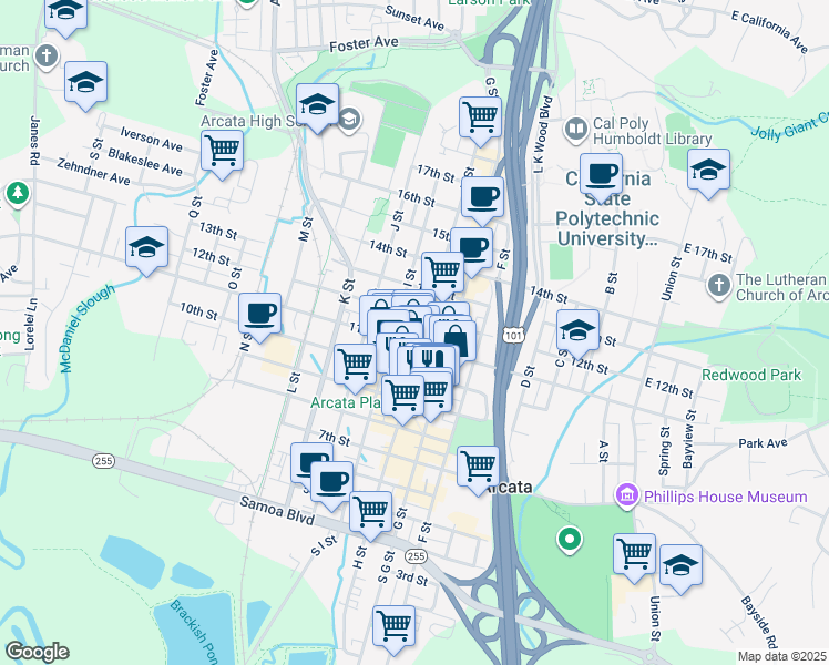 map of restaurants, bars, coffee shops, grocery stores, and more near 1139 H Street in Arcata