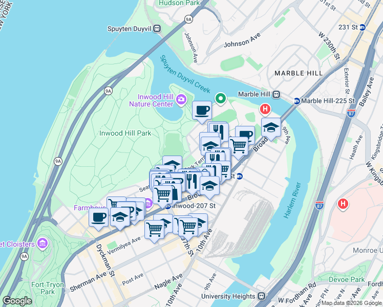 map of restaurants, bars, coffee shops, grocery stores, and more near West 214th Street in New York