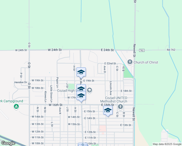 map of restaurants, bars, coffee shops, grocery stores, and more near 1910 Meridian Avenue in Cozad