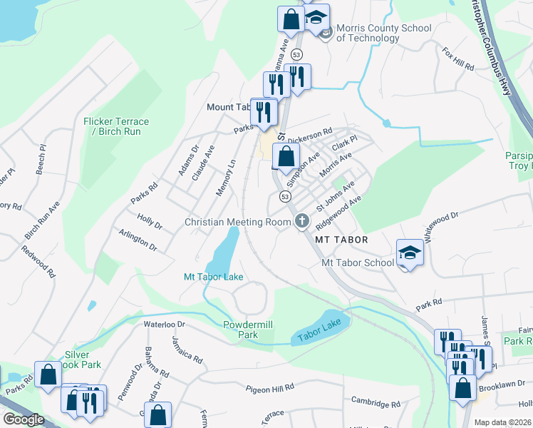 map of restaurants, bars, coffee shops, grocery stores, and more near 79 Hope Road in Parsippany-Troy Hills