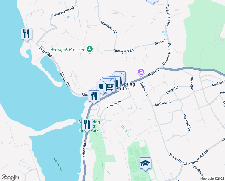 map of restaurants, bars, coffee shops, grocery stores, and more near 100 Main Street in Huntington