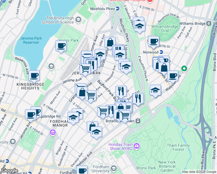 map of restaurants, bars, coffee shops, grocery stores, and more near in The Bronx