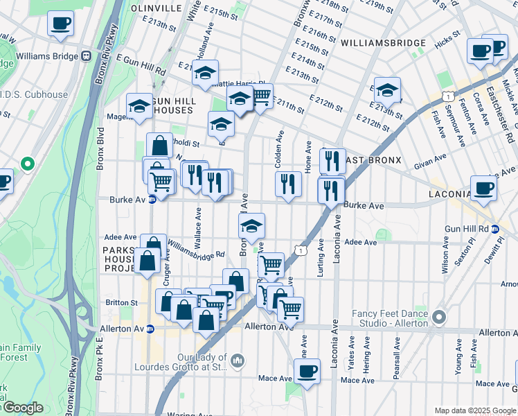 map of restaurants, bars, coffee shops, grocery stores, and more near 3032 Radcliff Avenue in Bronx