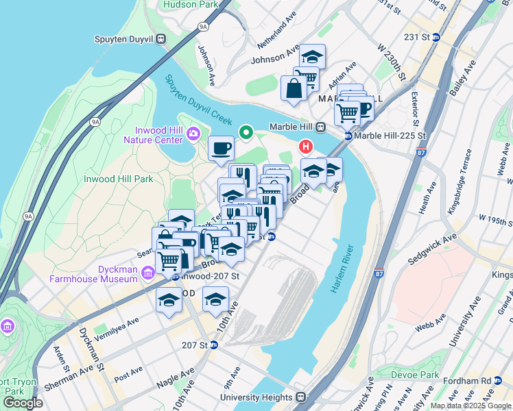 map of restaurants, bars, coffee shops, grocery stores, and more near 5065 Broadway in New York