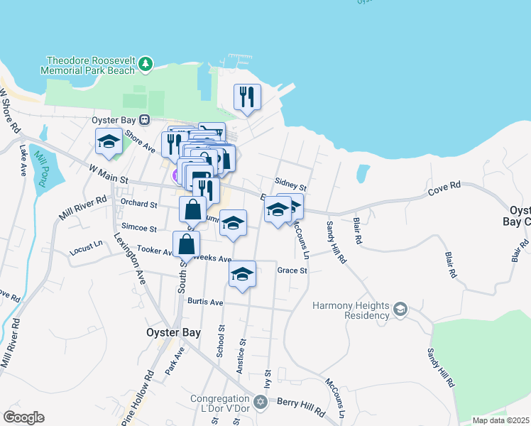 map of restaurants, bars, coffee shops, grocery stores, and more near 17 Anstice Street in Oyster Bay