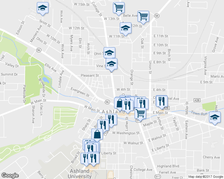 map of restaurants, bars, coffee shops, grocery stores, and more near 370 Cottage Street in Ashland