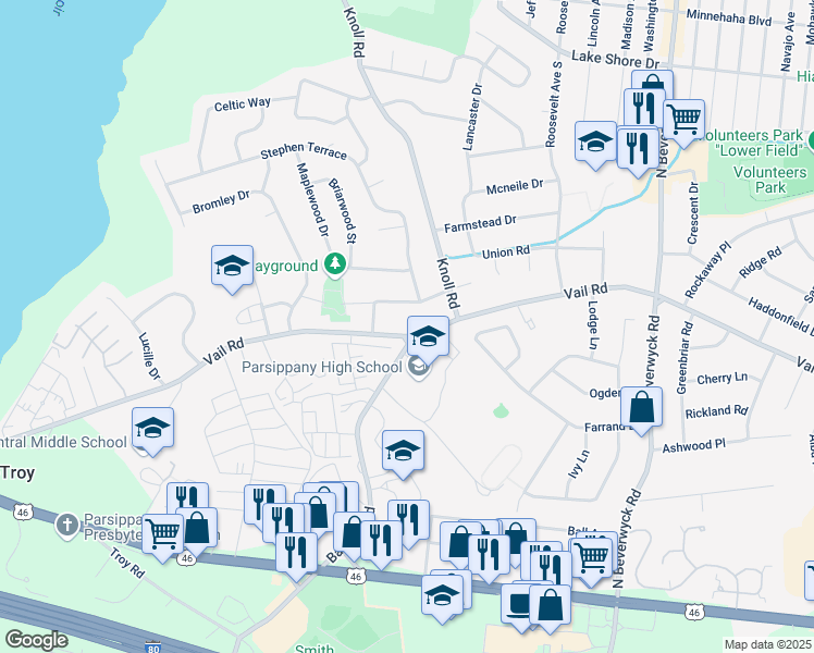 map of restaurants, bars, coffee shops, grocery stores, and more near 350 Baldwin Road in Parsippany-Troy Hills
