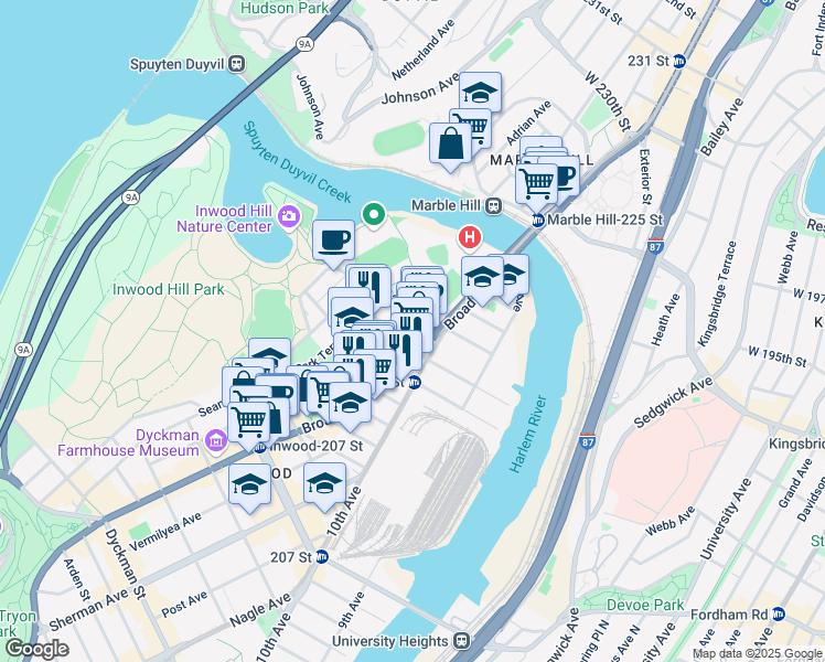 map of restaurants, bars, coffee shops, grocery stores, and more near 5065 Broadway in New York