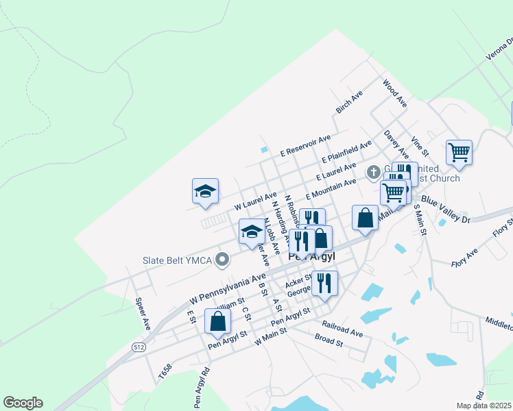 map of restaurants, bars, coffee shops, grocery stores, and more near 317 North Lobb Avenue in Pen Argyl