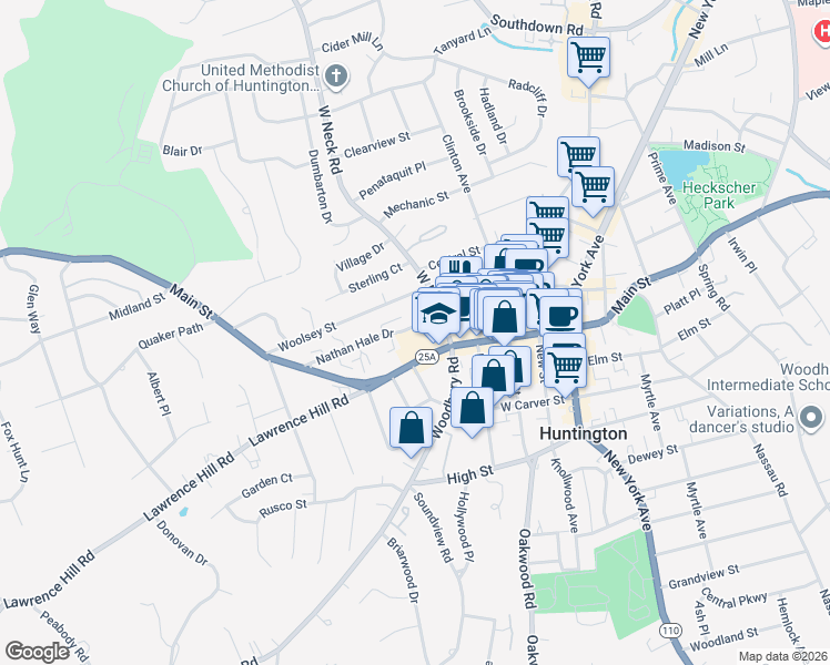 map of restaurants, bars, coffee shops, grocery stores, and more near 391 Main Street in Huntington