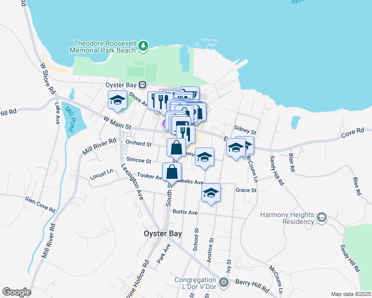 map of restaurants, bars, coffee shops, grocery stores, and more near 1720 Summit Street in Oyster Bay